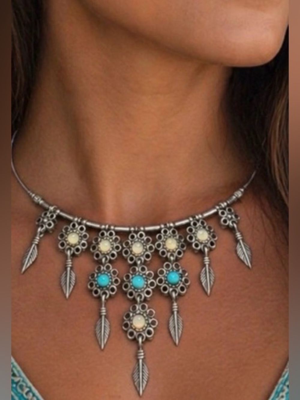 Necklace Artisan 925 Sterling Silver Floral Feather Turquoise Gemstone Choker - Picture 2 of 10